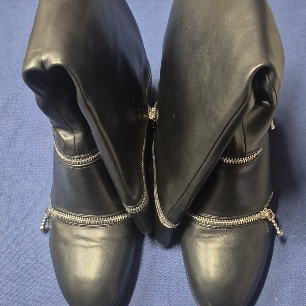AIJIVOU Women's Stiletto Mid Calf Boots Solid Black Sexy Zip Detail High Heel - Picture 2 of 9